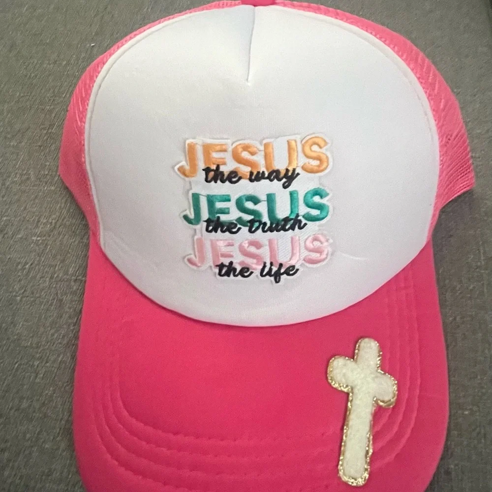 Pink and White Jesus Trucker Hat - Picture 2 of 3